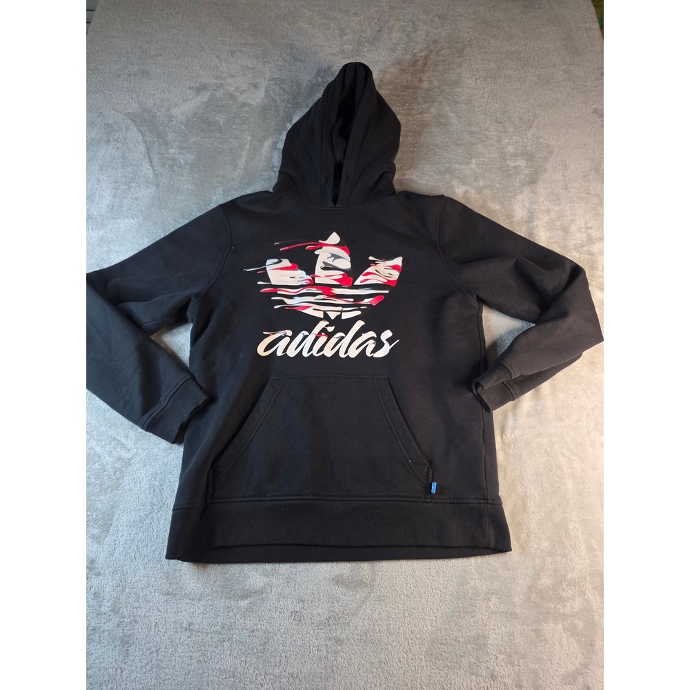 Adidas Hoodie Mens Large Black Originals Trefoil Graphic Pullover Sweatshirt